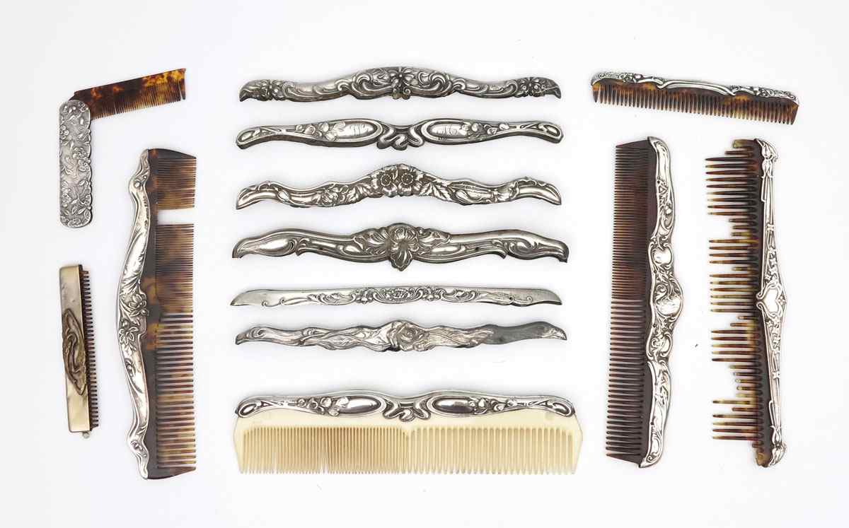 Appraisal: COLLECTION ART NOUVEAU STERLING COMB FRAMES pieces to include Floral