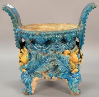 Appraisal: Oriental stoneware footed censer having heavy glazed blue and tan