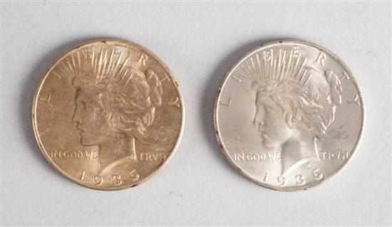 Appraisal: Two United States Peace silver dollars MS- and S MS-