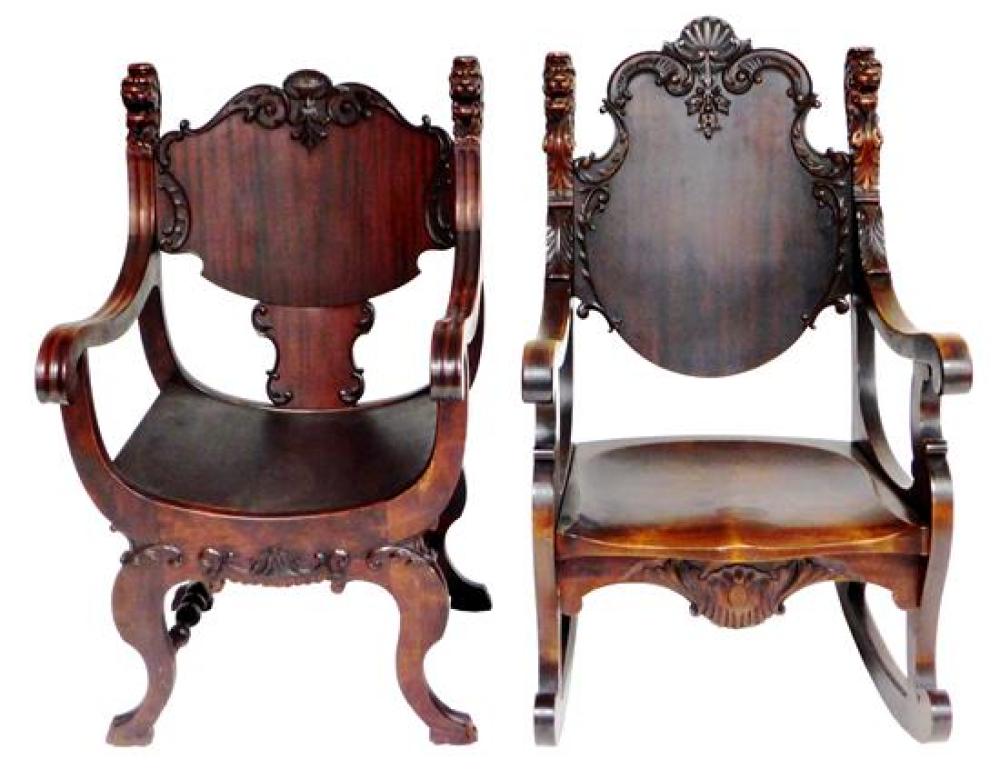 Appraisal: Baroque style armchair and rocker with lion carved finials th