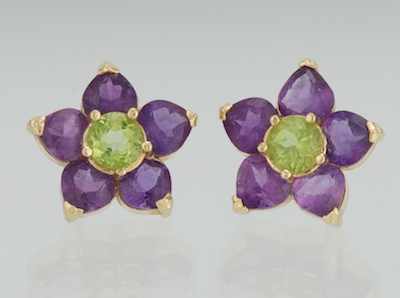 Appraisal: A Pair of Peridot and Amethyst Earrings Mounted in k