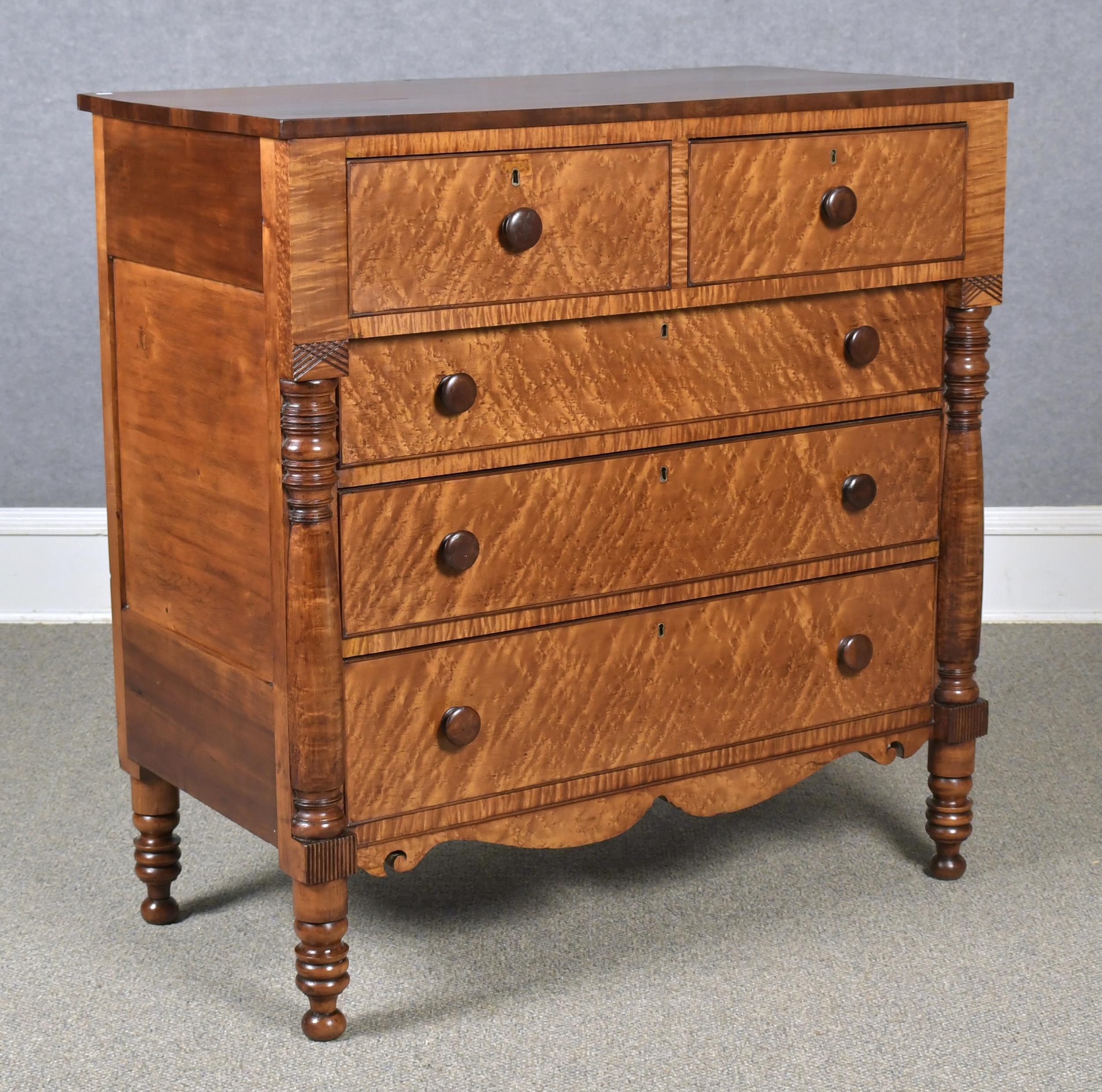 Appraisal: TH C NEW ENGLAND BIRDSEYE TIGER MAPLE CHEST A transitional