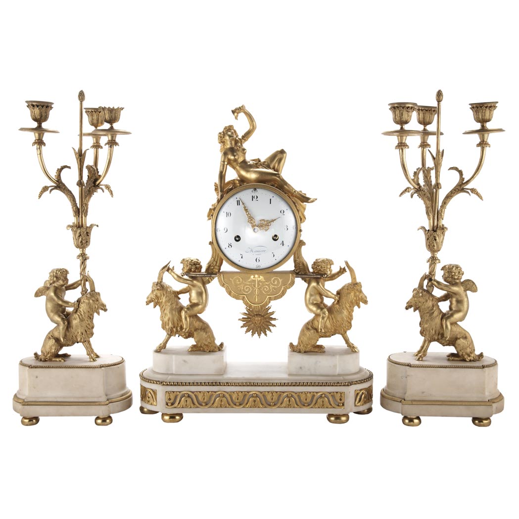 Appraisal: Pair of Louis XVI Gilt-Bronze and Marble Three-Light Candelabra Late