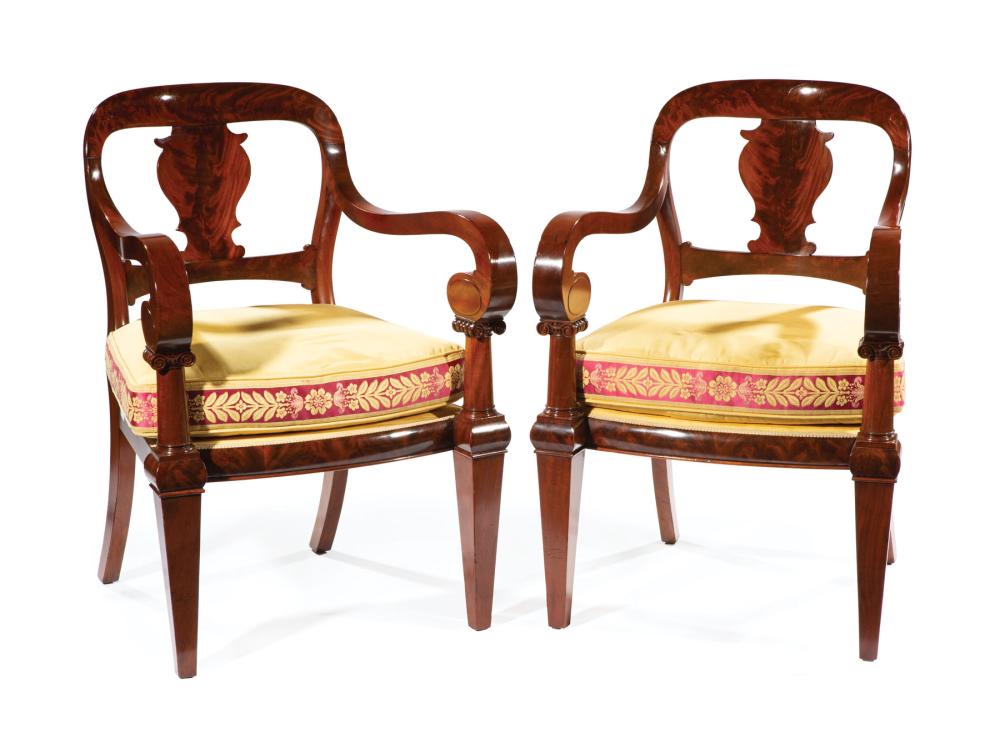 Appraisal: Rare Pair of American Classical Carved Mahogany Armchairs early th