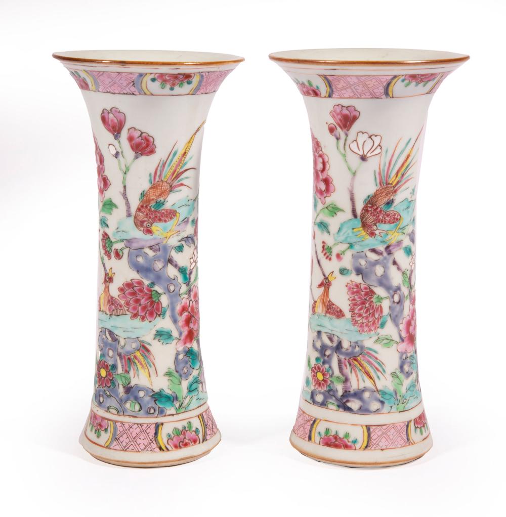 Appraisal: Pair of Chinese Export Famille Rose Porcelain Beaker Vases th