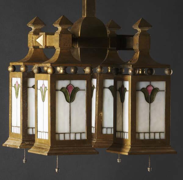 Appraisal: HANDEL Hanging light fixture with four drops of leaded slag