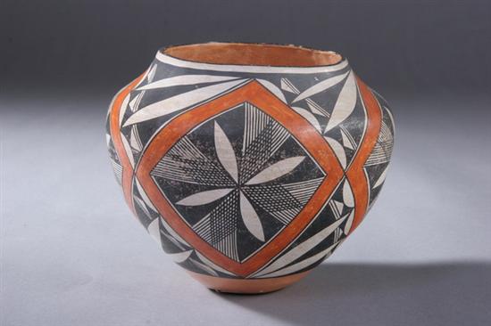 Appraisal: ACOMA POLYCHROME POTTERY OLLA Circa - Arched feather decoration -