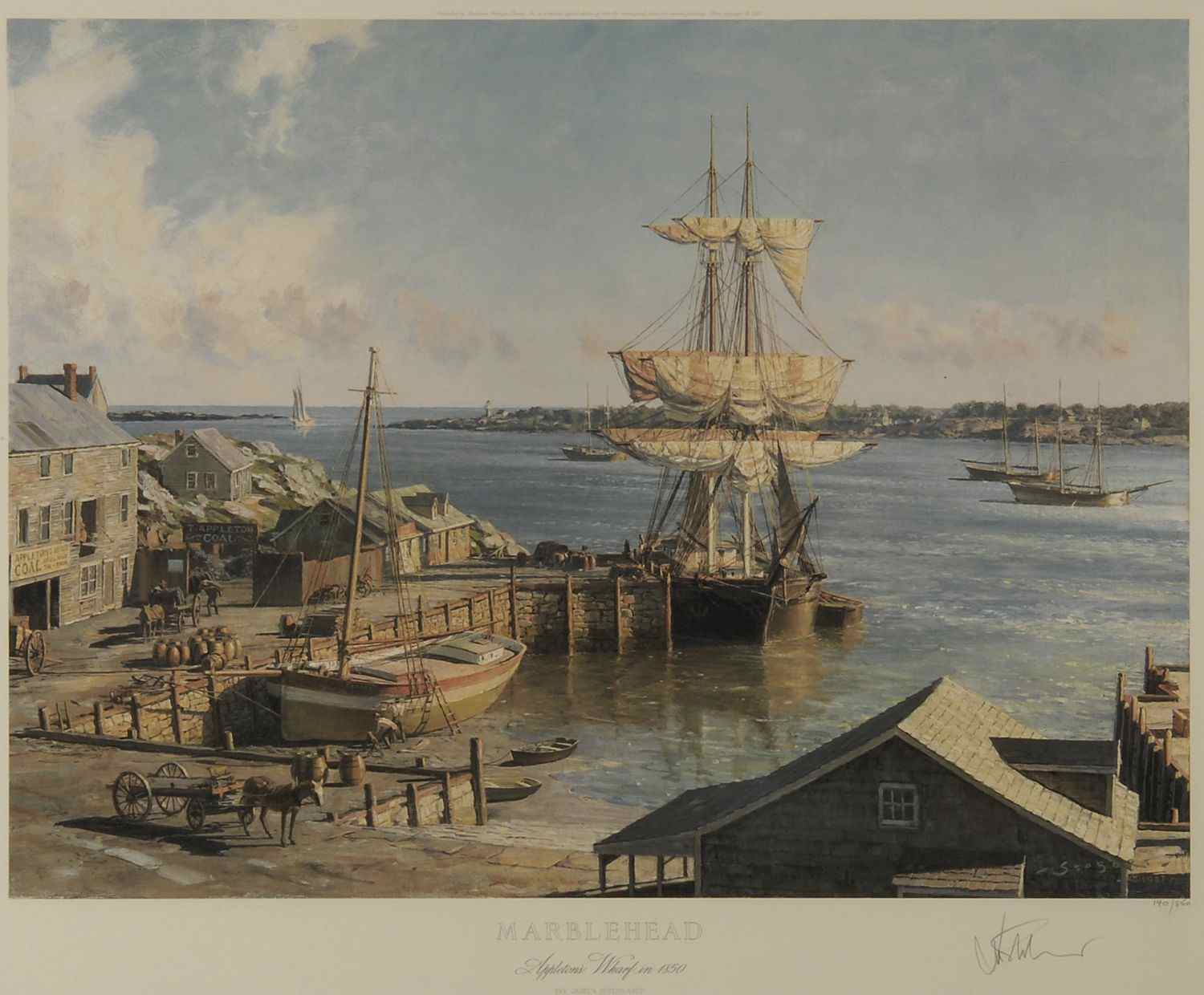 Appraisal: FRAMED PRINT BY JOHN STOBARTMarblehead Appleton's Wharf in '' Numbered