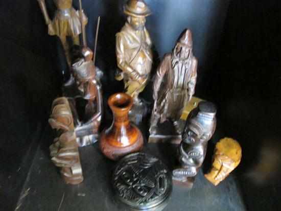 Appraisal: ONE SHELF INCL WOOD CARVED FIGURES VASE ETC