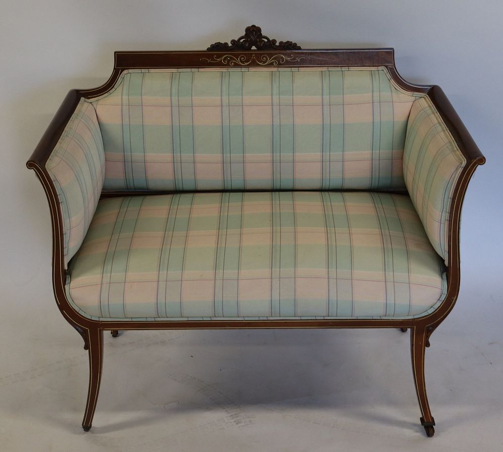 Appraisal: Fine Quality Edwardian Upholstered And Inlaid Settee Nice size and