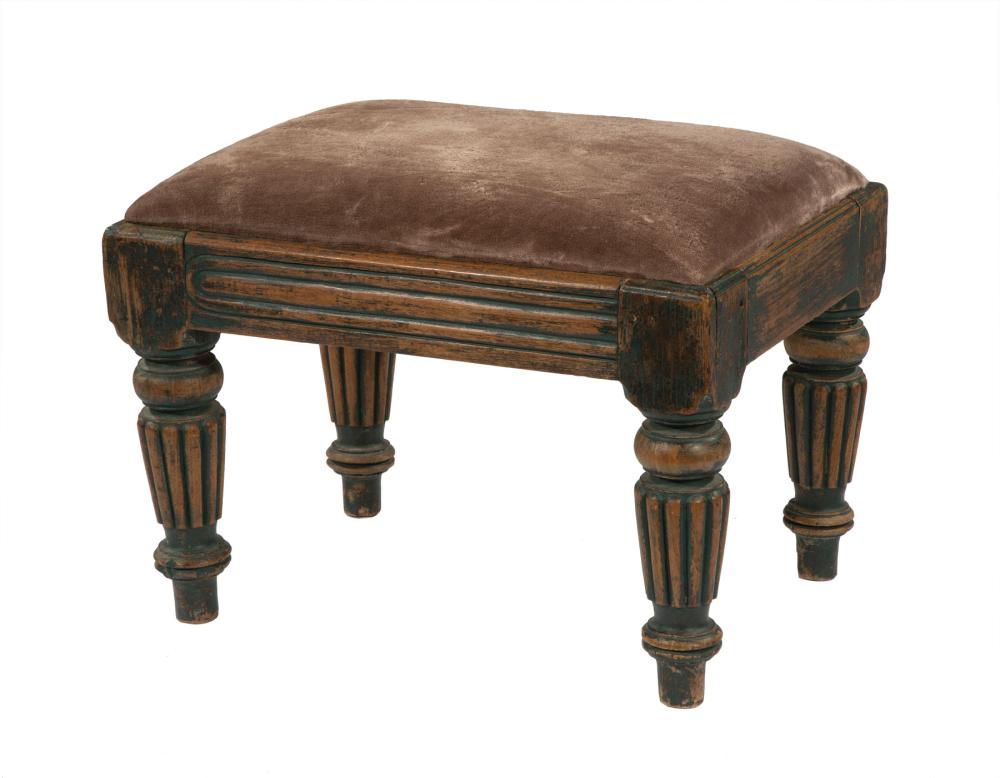 Appraisal: Anglo-Colonial Carved and Painted Footstool inset upholstered cushion blocked corners