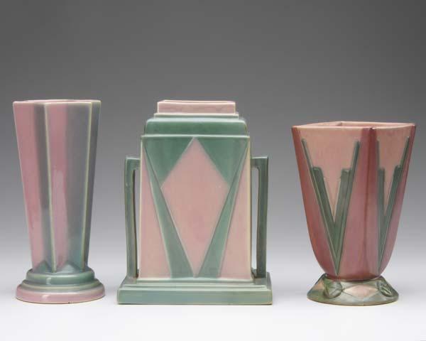 Appraisal: ROSEVILLE Three pink and green Futura vases one star-shaped one