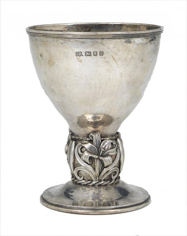 Appraisal: AN OMAR RAMSDEN SILVER GOBLET the hammer textured ogee bowl