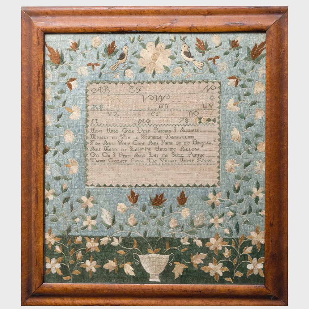 Appraisal: Late th Century Silk and Needlework Sampler x in frame