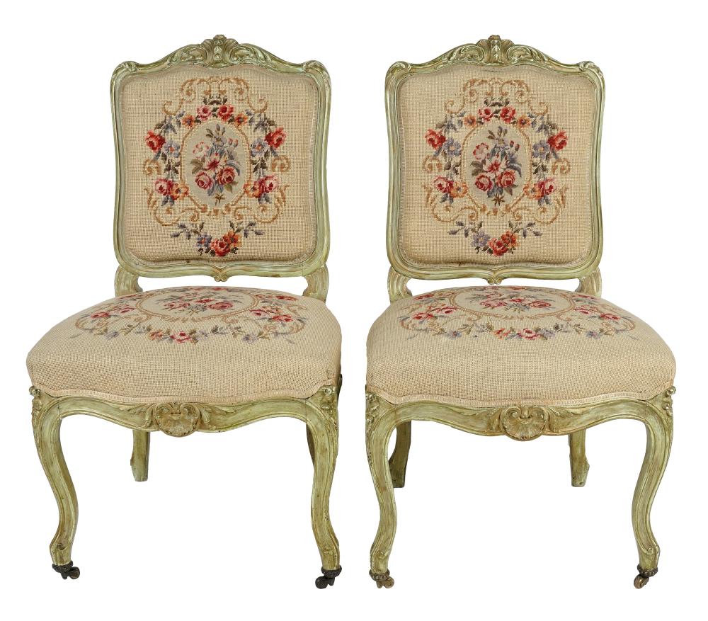 Appraisal: PAIR LOUIS XV-STYLE PAINTED WOOD SIDE CHAIRSwith needlepoint upholstery Provenance