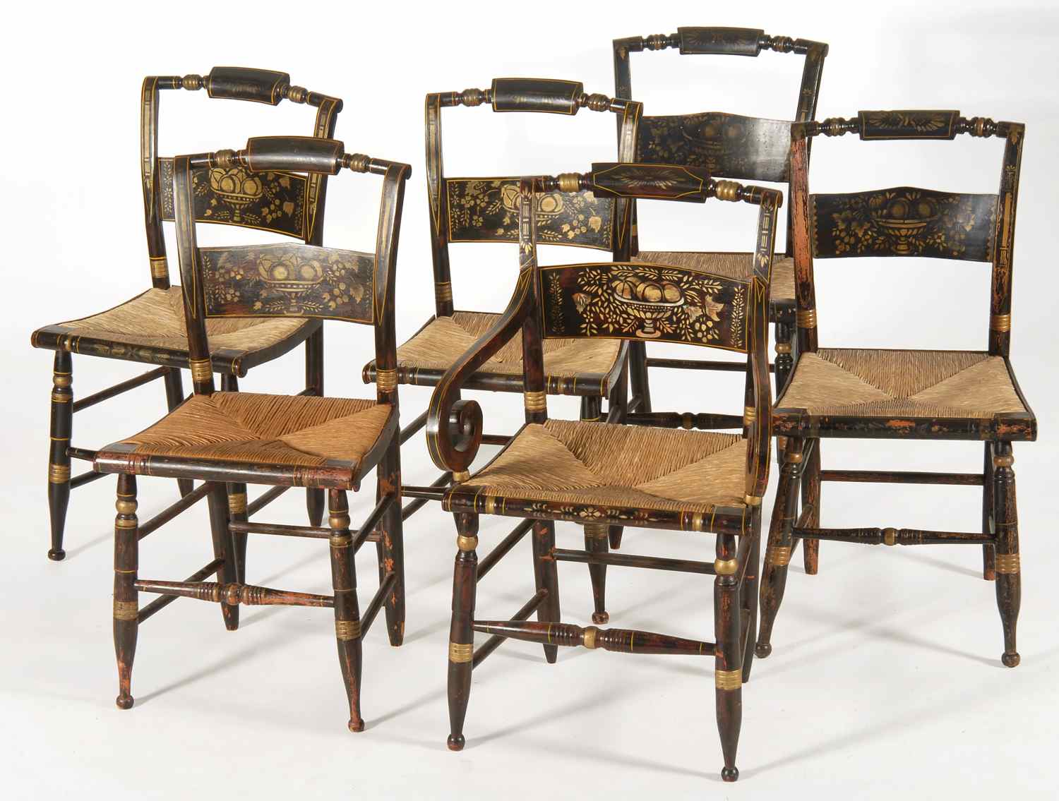 Appraisal: SET OF SIX ANTIQUE HITCHCOCK RUSH-SEAT CHAIRS Mid- th CenturyWith