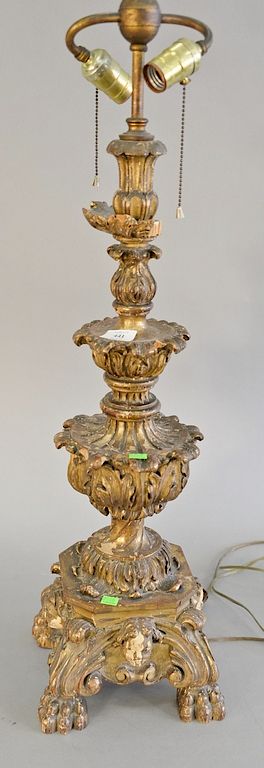 Appraisal: Italian Rococo carved gilt wood candlestick table lamp top carving