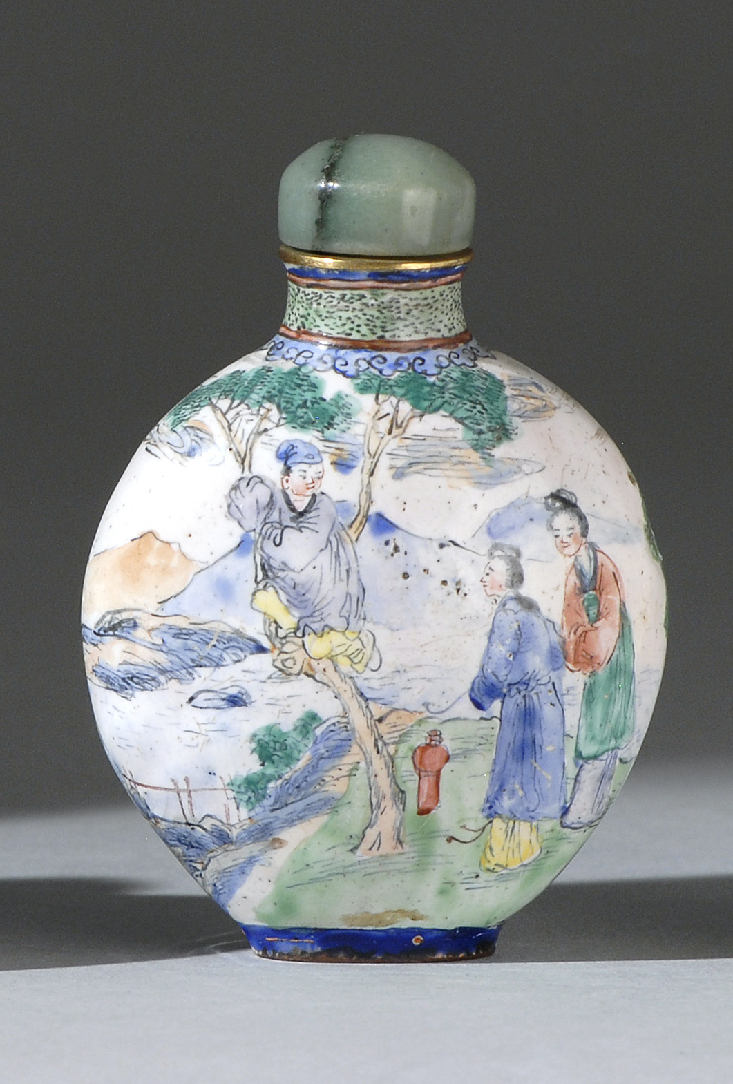 Appraisal: CANTON ENAMEL SNUFF BOTTLE In ovoid form with literary characters