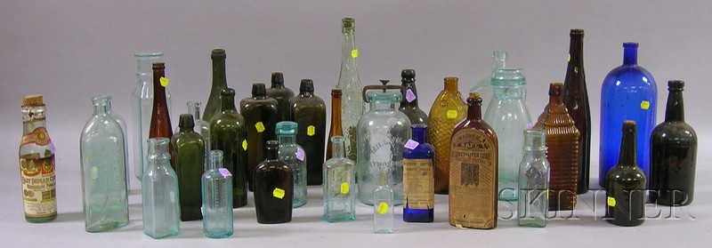 Appraisal: Thirty-five Assorted Mostly Colored Glass Bottles including aqua Gregg Constitution