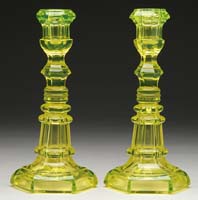 Appraisal: PAIR OF EARLY FLINT CANARY YELLOW CANDLE STICKS With deep