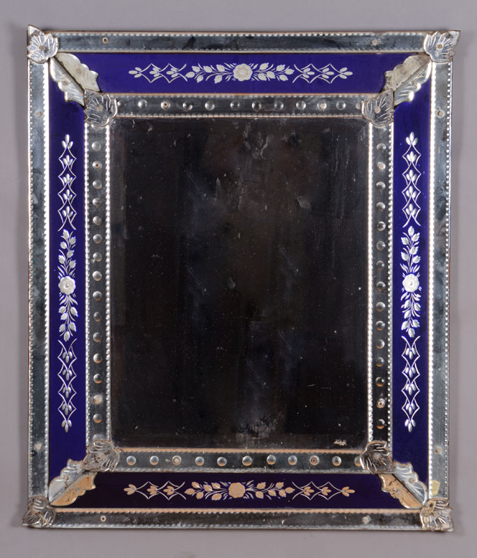 Appraisal: VENETIAN ETCHED AND COBALT GLASS MIRROR The rectangular beveled mirror