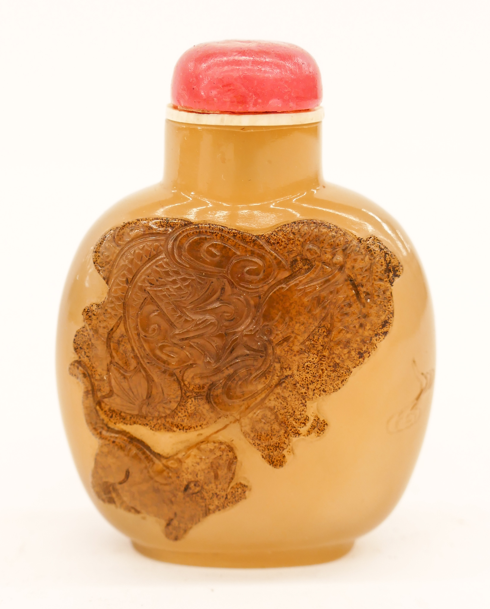 Appraisal: Old Chinese Shadow Agate Snuff Bottle '' Relief carved with