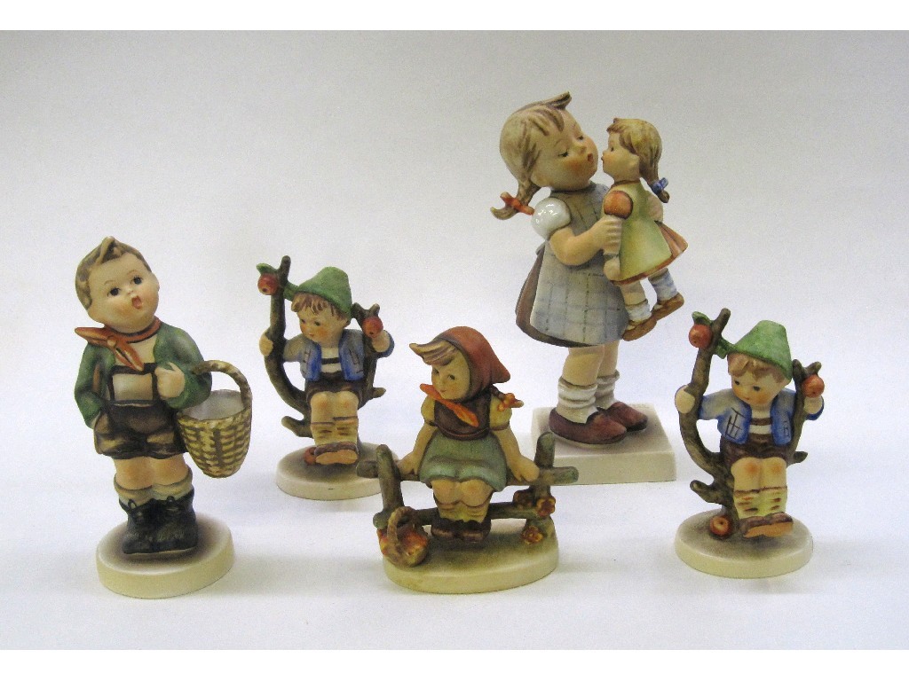 Appraisal: Five Hummel figures to include 'Kiss Me' TMK 'Village Boy'