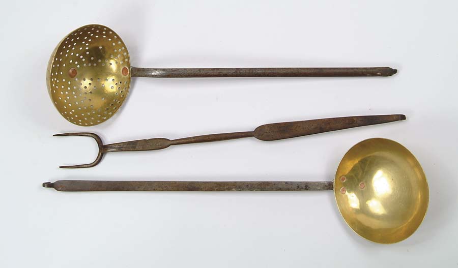 Appraisal: THREE PIECE UTENSIL LOT Iron handled skimmer and dipper and