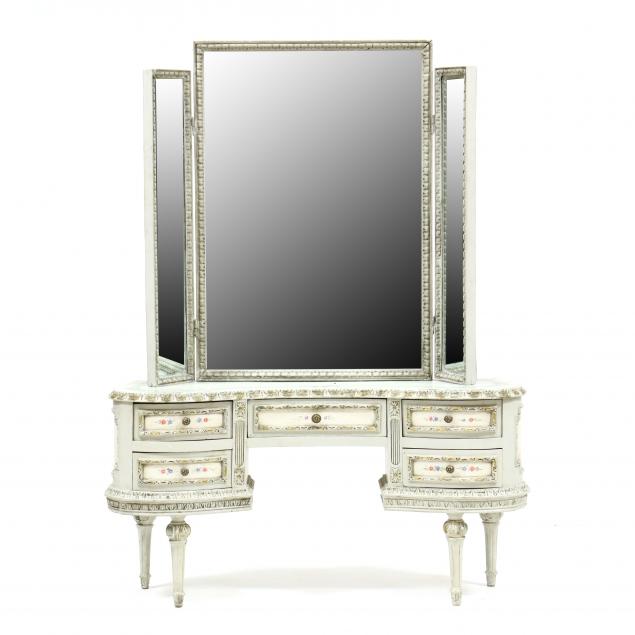 Appraisal: LOUIS XVI STYLE CARVED AND PAINTED VANITY Rectangular tri-fold mirror