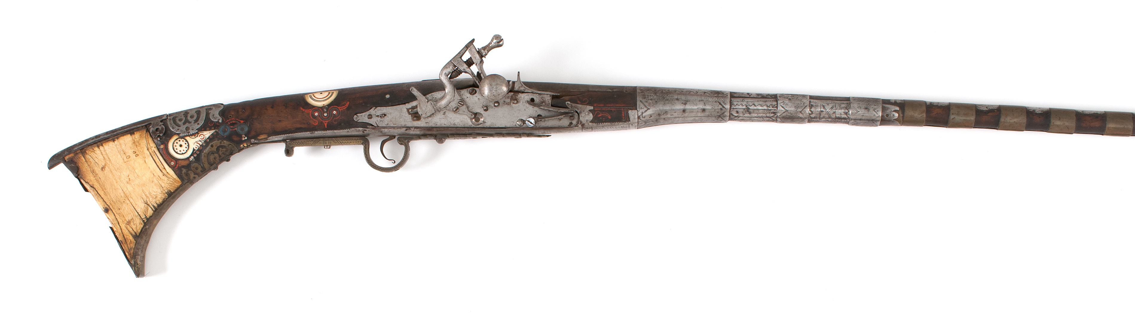 Appraisal: ALGERIAN MIQUELT FLINTLOCK LONG GUN th Century cal Stock inlaid