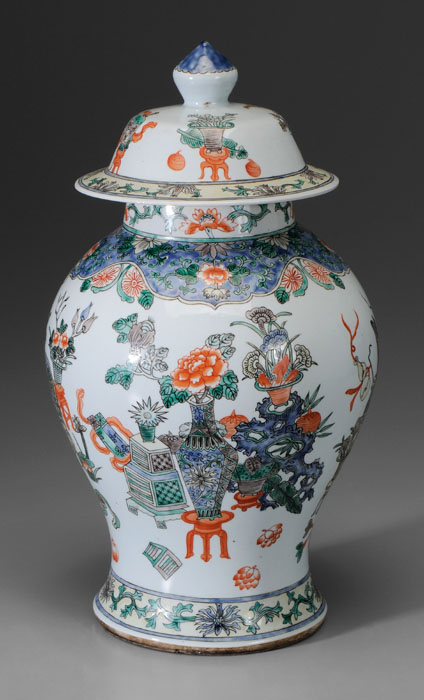 Appraisal: Famille Verte Porcelain Lidded Jar Chinese th century baluster Hundred