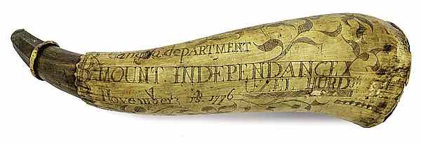 Appraisal: Engraved Mt Independence Powder Horn with Rare Canadian Department Designation