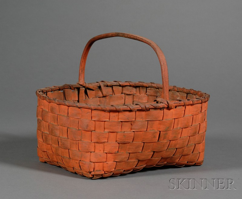 Appraisal: Salmon-painted Woven Splint Basket America th century rectangular basket with