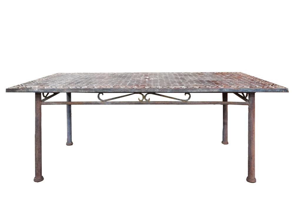 Appraisal: IRON TILE TABLEthe rectangular top inset with brown and cream-glazed