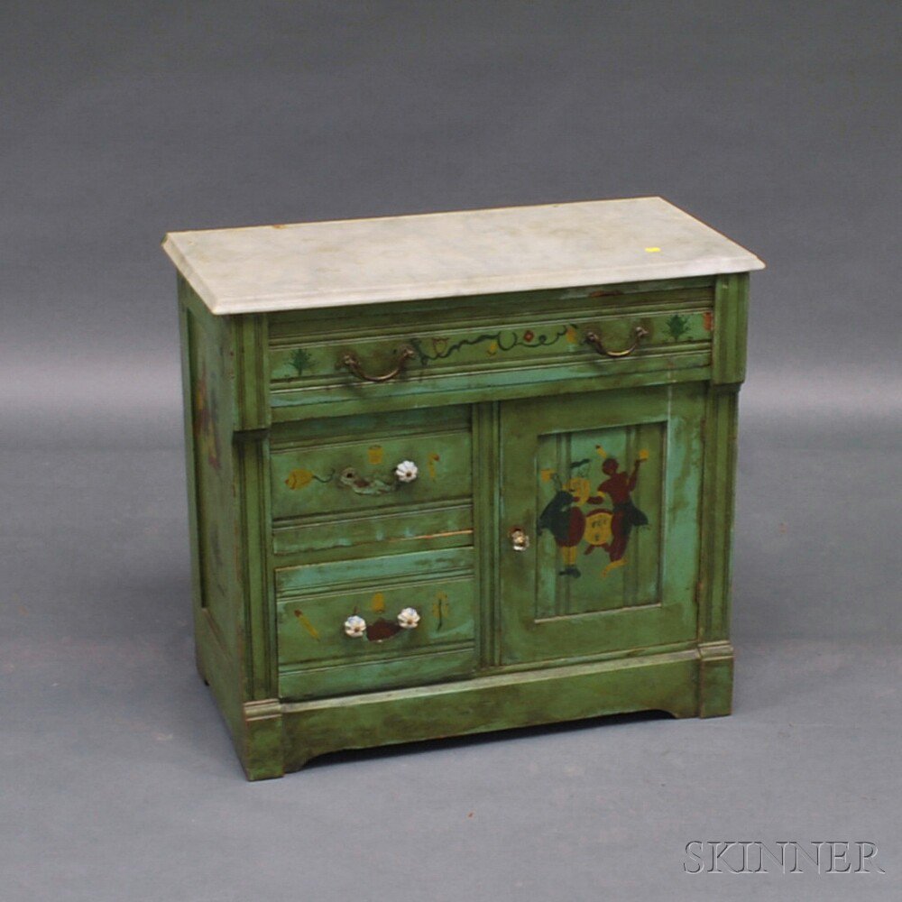 Appraisal: Victorian Green-painted Marble-top Commode late th century the molded case