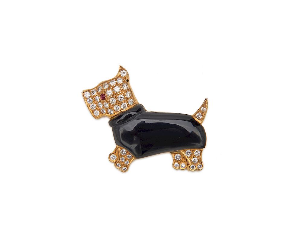 Appraisal: K Gold Diamond Onyx and Ruby Dog Brooch K Gold