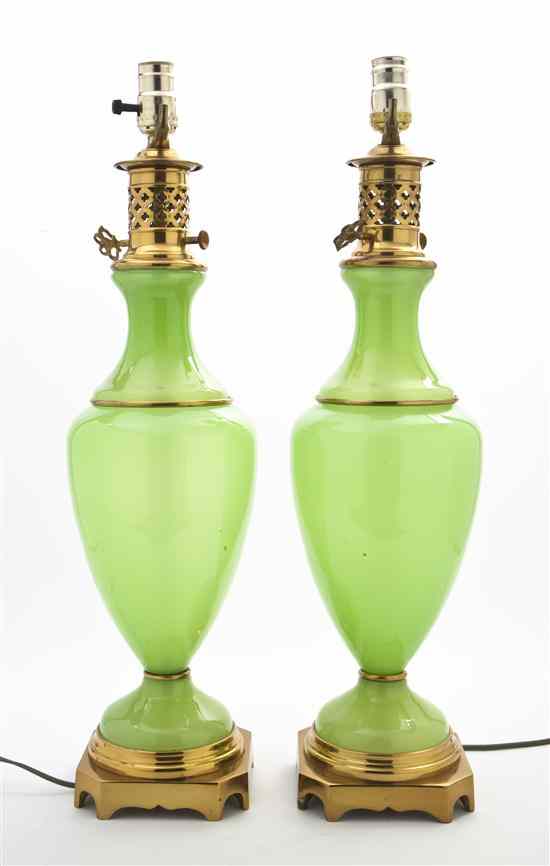 Appraisal: A Pair of Green Opaline Glass Vases each of baluster