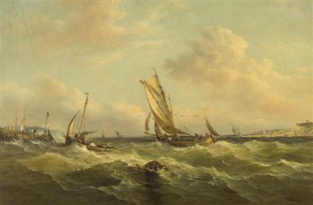 Appraisal: JOHN MOORE OF IPSWICH - FISHING VESSLES OFF A COASTLINE