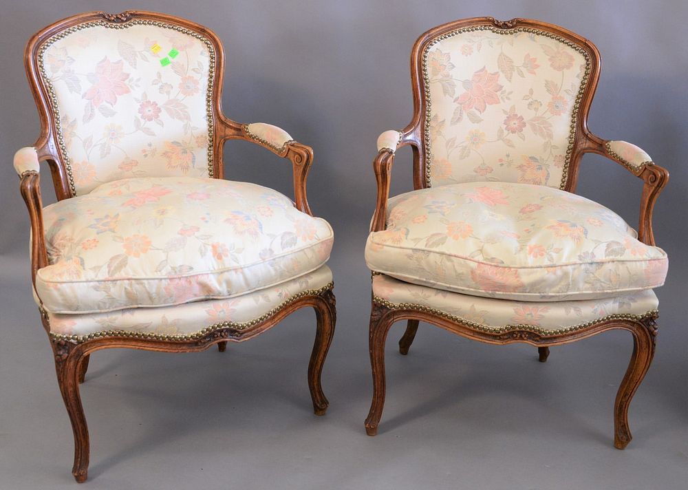 Appraisal: Pair of Louis XV style fauteuils with custom upholstery ht