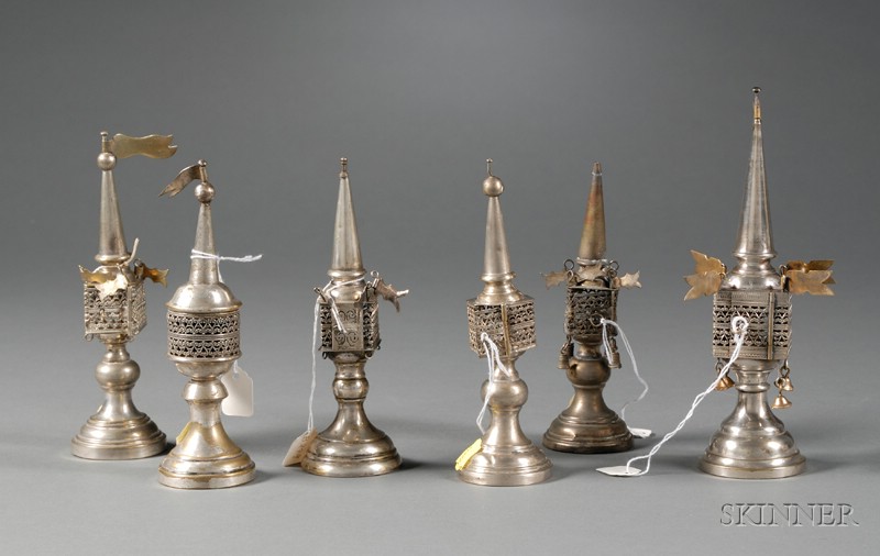 Appraisal: Six European Silver Plate Tower-form Spice Containers all with openwork