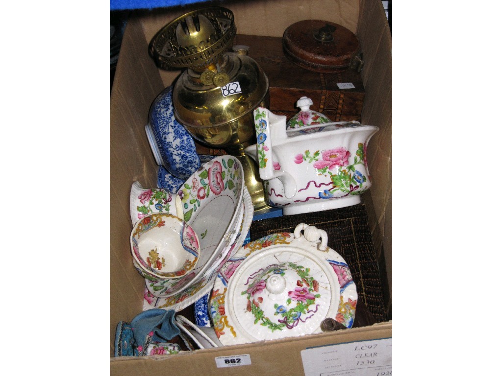 Appraisal: Box of assorted items to include brass oil lamp inlaid