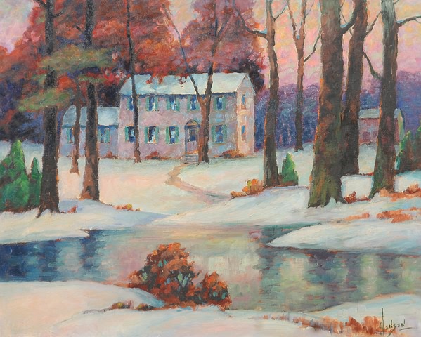 Appraisal: Winter landscape with house in the woods oil on canvas