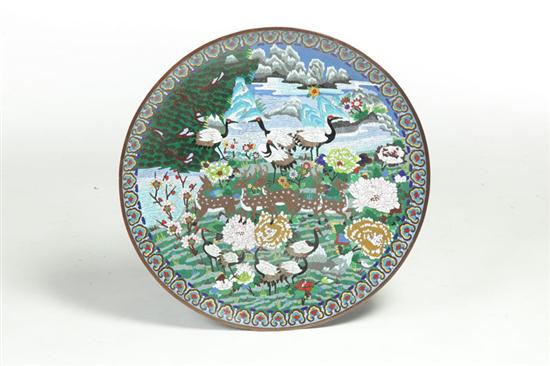 Appraisal: CLOISONNE CHARGER China ca Colorful scenic landscape with birds and