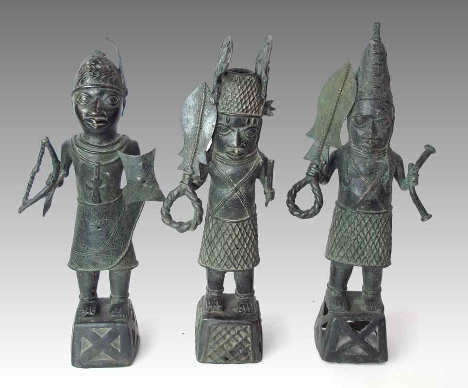 Appraisal: GROUP OF UNIQUE BENIN AFRICAN WARRIORS SCULPTURES Approx '' tall