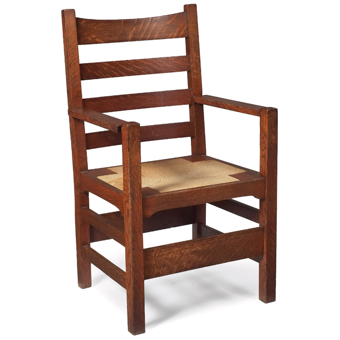 Appraisal: Early Gustav Stickley armchair A four horizontal slats at back