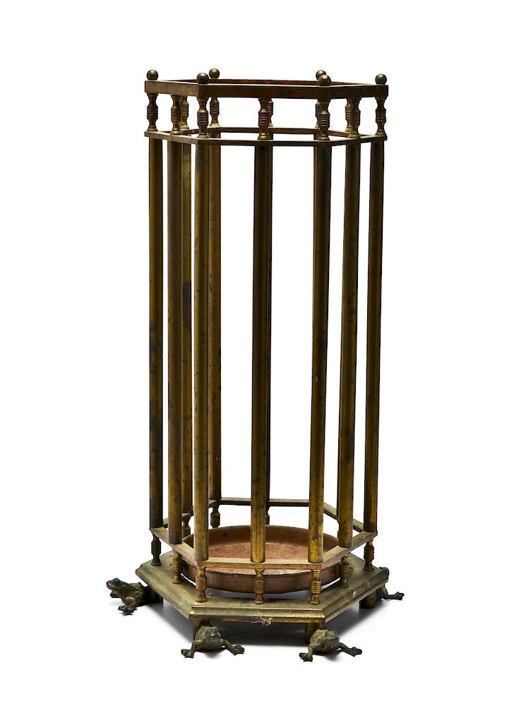 Appraisal: Brass Umbrella Stand with Frog Motif Feet Hexagonal brass umbrella