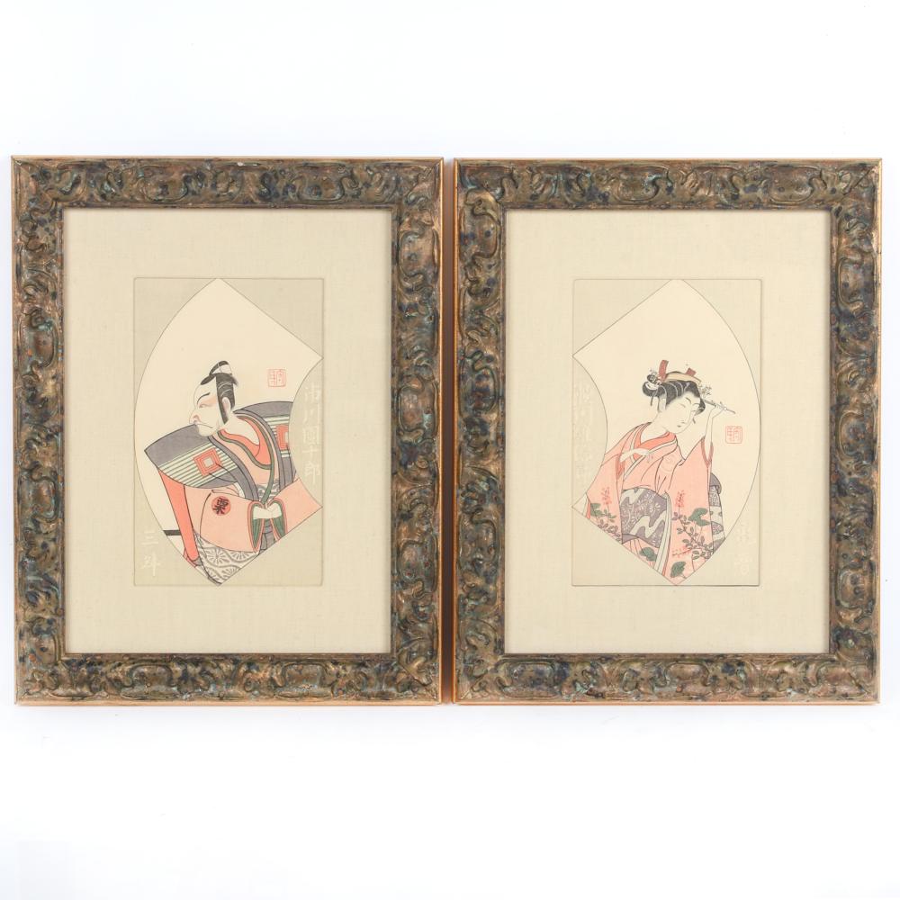 Appraisal: PAIR JAPANESE COLOR WOODBLOCK PRINTS AFTER KATSUKAWA SHUNSHO SAMURAI AND