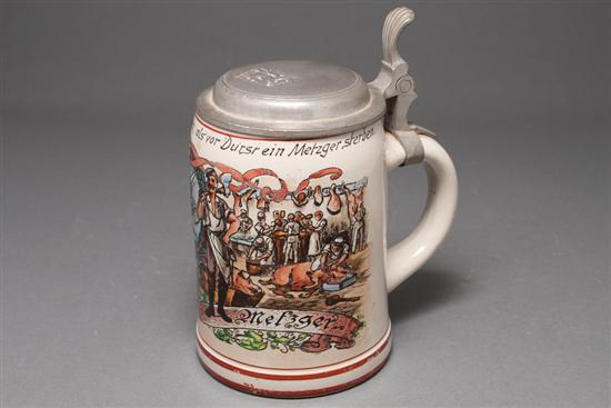 Appraisal: German pewter-mounted paint-decorated salt-glazed occupational stein dated marked Johann Geyer