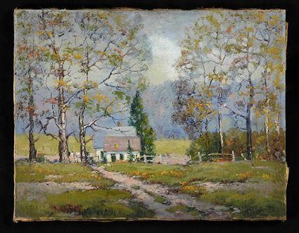 Appraisal: AMERICAN SCHOOL FALL LANDSCAPE WITH HOUSE Oil on canvas x