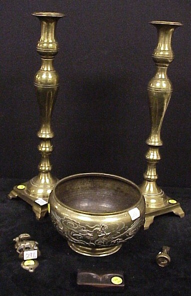 Appraisal: Pair of th C spun brass candlesticks ring turnings on